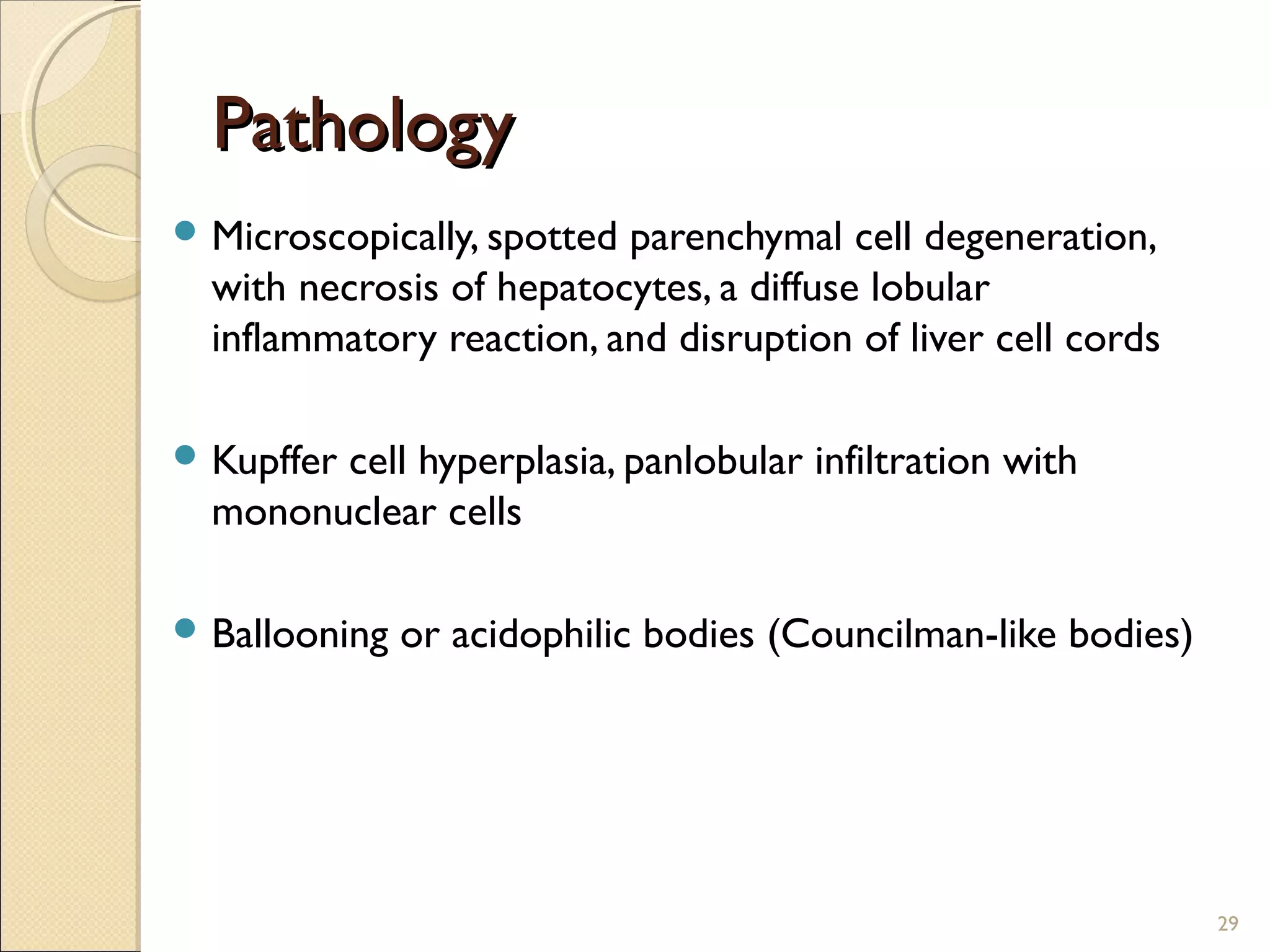 PathologyPathology
 Microscopically, spotted parenchymal cell degeneration,
with necrosis of hepatocytes, a diffuse lobular
inflammatory reaction, and disruption of liver cell cords
 Kupffer cell hyperplasia, panlobular infiltration with
mononuclear cells
 Ballooning or acidophilic bodies (Councilman-like bodies)
29
 