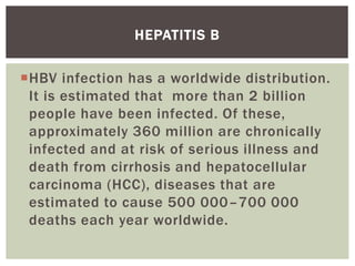 HEPATITIS B
HBV infection has a worldwide distribution.
It is estimated that more than 2 billion
people have been infected. Of these,
approximately 360 million are chronically
infected and at risk of serious illness and
death from cirrhosis and hepatocellular
carcinoma (HCC), diseases that are
estimated to cause 500 000–700 000
deaths each year worldwide.
 