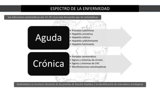 ESPECTRO DE LA ENFERMEDAD
• Procesos subclínicos
• Hepatitis anictérica
• Hepatitis ictérica
• Hepatitis subfulminante
• Hepatitis fulminante
Aguda
• Portador asintomático
• Signos y síntomas de cirrosis
• Signos y síntomas de CHC
• Manifestaciones extrahepáticasCrónica
Asintomática se reconoce elevación de las pruebas de función hepática y la identificación de marcadores serológicos.
Las infecciones asintomáticas son 10-30 veces más frecuentes que las sintomáticas..
 