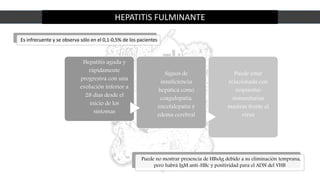 HEPATITIS FULMINANTE
Es infrecuente y se observa sólo en el 0,1-0,5% de los pacientes
Hepatitis aguda y
rápidamente
progresiva con una
evolución inferior a
28 días desde el
inicio de los
síntomas
Signos de
insuficiencia
hepática como
coagulopatía,
encefalopatía y
edema cerebral
Puede estar
relacionada con
respuestas
inmunitarias
masivas frente al
virus
Puede no mostrar presencia de HBsAg debido a su eliminación temprana,
pero habrá IgM anti-HBc y positividad para el ADN del VHB
 