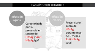 DIAGNÓSTICO DE HEPATITIS B
Caracterizada
por la
presencia en
sangre de
HBsAg y Anti-
HBcAg IgM
Infección
aguda
Presencia en
suero de
HBsAg
durante mas
de 6 meses,
Anti HBcAg
total
Infección
crónica
 