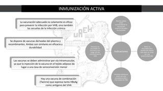 INMUNIZACIÓN ACTIVA
Indicaciones
Muchos países
están
recomendando la
vacunación
universal de todos
los lactantes
Personas no
vacunadas no
inmunes y con
riesgo alto de
infectarse por el
VHB
Personas nacidas en
áreas con una
prevalencia alta o
intermedia de VHB
Niños no
vacunados pero
nacidos de madres
que viven en zonas
con una
endemicidad alta
Se dispone de vacunas derivadas del plasma y
recombinantes. Ambas son similares en eficacia y
durabilidad
Hay una vacuna de combinación
(Twinrix) que expresa tanto HBsAg
como antígeno del VHA
La vacunación adecuada no solamente es eficaz
para prevenir la infección por VHB, sino también
las secuelas de la infección crónica
Las vacunas se deben administrar por vía intramuscular,
ya que la inyección de la vacuna en el tejido adiposo da
lugar a una tasa de seroconversión menor
 