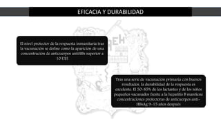 EFICACIA Y DURABILIDAD
El nivel protector de la respuesta inmunitaria tras
la vacunación se define como la aparición de una
concentración de anticuerpos antiHBs superior a
10 UI/l
Tras una serie de vacunación primaria con buenos
resultados, la durabilidad de la respuesta es
excelente. El 50-85% de los lactantes y de los niños
pequeños vacunados frente a la hepatitis B mantiene
concentraciones protectoras de anticuerpos anti-
HBsAg 9-15 años después
 