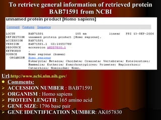 To retrieve general information of retrieved protein BAB71591 from NCBI Url : http://www.ncbi.nlm.nih.gov /   Comments: ACCESSION NUMBER  : BAB71591 ORGANISM  : Homo sapiens PROTEIN LENGTH : 165 amino acid GENE SIZE : 1796 base pair GENE IDENTIFICATION NUMBER : AK057830 