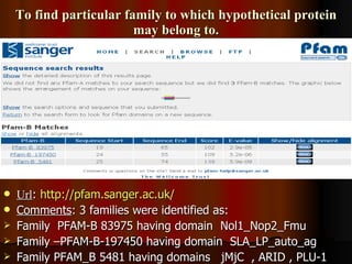 To find particular family to which hypothetical protein may belong to. Url :  http:// pfam.sanger.ac.uk / Comments : 3 families were identified as: Family  PFAM-B 83975 having domain  Nol1_Nop2_Fmu Family –PFAM-B-197450 having domain  SLA_LP_auto_ag Family PFAM_B 5481 having domains  jMjC  , ARID , PLU-1 