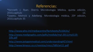 Referencias:
*Kenneth J. Ryan. Sherris Microbiología Médica, quinta edición,
2010,capítulo 13.
*Jawetz, Melnick y Adelberg. Microbiología médica, 25ª edición,
2010,capítulo 35
• http://www.who.int/mediacentre/factsheets/fs164/es/
• http://www.medigraphic.com/pdfs/medlab/myl-2011/myl119-
10b.pdf
• http://www.polygonmedical.com/understandingHCV.html
• http://www.binasss.sa.cr/revistas/rmcc/589/art11.pdf
 