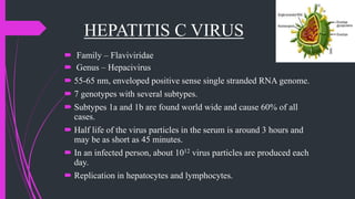 HEPATITIS C VIRUS
 Family – Flaviviridae
 Genus – Hepacivirus
 55-65 nm, enveloped positive sense single stranded RNA genome.
 7 genotypes with several subtypes.
 Subtypes 1a and 1b are found world wide and cause 60% of all
cases.
 Half life of the virus particles in the serum is around 3 hours and
may be as short as 45 minutes.
 In an infected person, about 1012 virus particles are produced each
day.
 Replication in hepatocytes and lymphocytes.
 