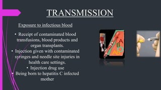 TRANSMISSION
Exposure to infectious blood
• Receipt of contaminated blood
transfusions, blood products and
organ transplants.
• Injection given with contaminated
syringes and needle site injuries in
health care settings.
• Injection drug use
• Being born to hepatitis C infected
mother
 