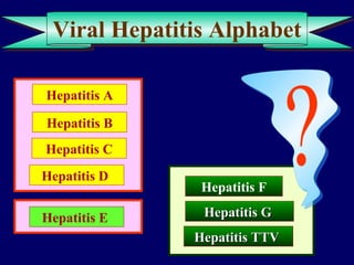 Viral Hepatitis AlphabetViral Hepatitis Alphabet
Hepatitis A
Hepatitis B
Hepatitis C
Hepatitis D
Hepatitis E
Hepatitis F
Hepatitis GHepatitis G
Hepatitis TTVHepatitis TTV
 