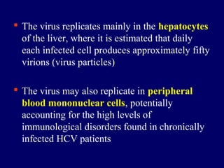  The virus replicates mainly in the hepatocytes
of the liver, where it is estimated that daily
each infected cell produces approximately fifty
virions (virus particles)
 The virus may also replicate in peripheral
blood mononuclear cells, potentially
accounting for the high levels of
immunological disorders found in chronically
infected HCV patients
 