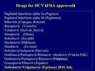 Pagilated Interferon alpha 2a (Pegasys)
Pagilated Interferon alpha 2b (PegIntron)
Ribavirin (Copegus, Rebetol)
Boceprevir (Victrelis)
Telaprevir (Incivek, Incivo)
Simeprevir (Olisio)
Sofosbuvir (Sovaldi)
Daclatasvir (Daklinza)
Dasabuvir (Exviera)
Sofosbuvir/ledipasvir (Harvoni)
Ombitasvir/Paritaprevir/Ritonavir +dasabuvir (Viekira PaK)
Ombotasvir/Paritaprevir/Ritonavir (Viekirax)
Grazoprevir/Elbasvir (Zepatier)
Sofosbuvir/Velpatasvir (Epclusa) 2016 July
Drugs for HCV (FDA approved)
 