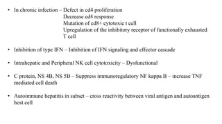 • In chronic infection – Defect in cd4 proliferation
Decrease cd4 response
Mutation of cd8+ cytotoxic t cell
Upregulation of the inhibitory receptor of functionally exhausted
T cell
• Inhibition of type IFN – Inhibition of IFN signaling and effector cascade
• Intrahepatic and Peripheral NK cell cytotoxicity – Dysfunctional
• C protein, NS 4B, NS 5B – Suppress immunoregulatory NF kappa B – increase TNF
mediated cell death
• Autoimmune hepatitis in subset – cross reactivity between viral antigen and autoantigen
host cell
 