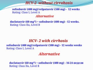 sofosbuvir (400 mg)/velpatasvir (100 mg) - 12 weeks
Rating: Class I, Level A
daclatasvir (60 mg*) + sofosbuvir (400 mg) - 12 weeks.
Rating: Class IIa, Level B
HCV-2 without cirrohosis
HCV- 2 with cirrhosis
sofosbuvir (400 mg)/velpatasvir (100 mg) - 12 weeks weeks
Rating: Class I, Level A
Alternative
daclatasvir (60 mg*) + sofosbuvir (400 mg) - 16-24 недели
Rating: Class IIa, Level B
Alternative
 