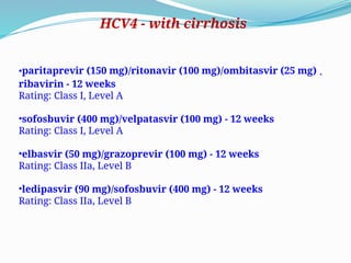 •paritaprevir (150 mg)/ritonavir (100 mg)/ombitasvir (25 mg) +
ribavirin - 12 weeks
Rating: Class I, Level A
•sofosbuvir (400 mg)/velpatasvir (100 mg) - 12 weeks
Rating: Class I, Level A
•elbasvir (50 mg)/grazoprevir (100 mg) - 12 weeks
Rating: Class IIa, Level B
•ledipasvir (90 mg)/sofosbuvir (400 mg) - 12 weeks
Rating: Class IIa, Level B
HCV4 - with cirrhosis
 