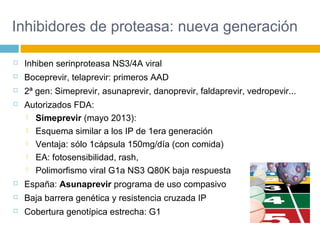 Inhibidores de proteasa: nueva generación
 Inhiben serinproteasa NS3/4A viral
 Boceprevir, telaprevir: primeros AAD
 2ª gen: Simeprevir, asunaprevir, danoprevir, faldaprevir, vedropevir...
 Autorizados FDA:
 Simeprevir (mayo 2013):
 Esquema similar a los IP de 1era generación
 Ventaja: sólo 1cápsula 150mg/día (con comida)
 EA: fotosensibilidad, rash,
 Polimorfismo viral G1a NS3 Q80K baja respuesta
 España: Asunaprevir programa de uso compasivo
 Baja barrera genética y resistencia cruzada IP
 Cobertura genotípica estrecha: G1
 