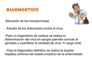 -Elevación de las transaminasas

- Estudio de los anticuerpos contra el virus

-Para un diagnóstico de certeza se realiza la
determinación del virus en sangre (permite conocer el
genotipo y cuantificar la cantidad de virus  carga viral)

- Para el diagnostico definitivo se realiza la biopsia
hepática (informa del estado evolutivo de la enfermedad)
 