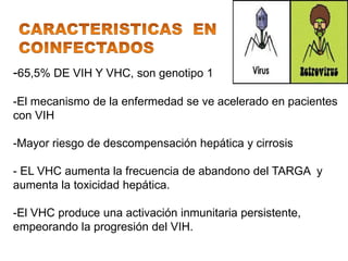 -65,5% DE VIH Y VHC, son genotipo 1

-El mecanismo de la enfermedad se ve acelerado en pacientes
con VIH

-Mayor riesgo de descompensación hepática y cirrosis

- EL VHC aumenta la frecuencia de abandono del TARGA y
aumenta la toxicidad hepática.

-El VHC produce una activación inmunitaria persistente,
empeorando la progresión del VIH.
 