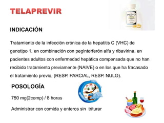 INDICACIÓN

Tratamiento de la infección crónica de la hepatitis C (VHC) de
genotipo 1, en combinación con peginterferón alfa y ribavirina, en
pacientes adultos con enfermedad hepática compensada que no han
recibido tratamiento previamente (NAIVE) o en los que ha fracasado
el tratamiento previo, (RESP. PARCIAL, RESP. NULO).

POSOLOGÍA

750 mg(2comp) / 8 horas

Administrar con comida y enteros sin triturar
 