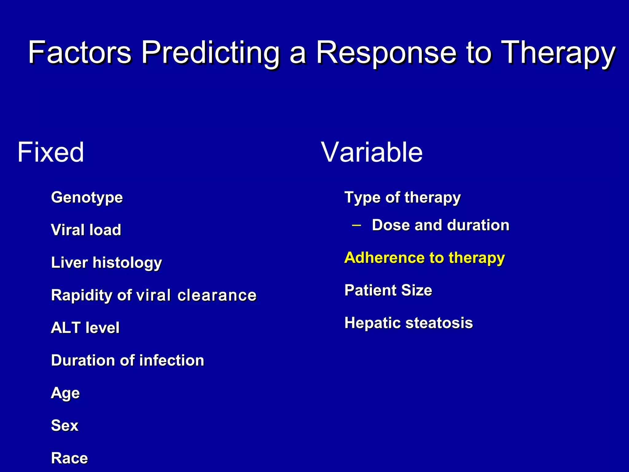 Factors Predicting a Response to TherapyFactors Predicting a Response to Therapy
Fixed Variable
GenotypeGenotype
Viral loadViral load
Liver histologyLiver histology
Rapidity ofRapidity of viral clearanceviral clearance
ALT levelALT level
Duration of infectionDuration of infection
AgeAge
SexSex
RaceRace
Type of therapyType of therapy
– Dose and durationDose and duration
Adherence to therapyAdherence to therapy
Patient SizePatient Size
Hepatic steatosisHepatic steatosis
 