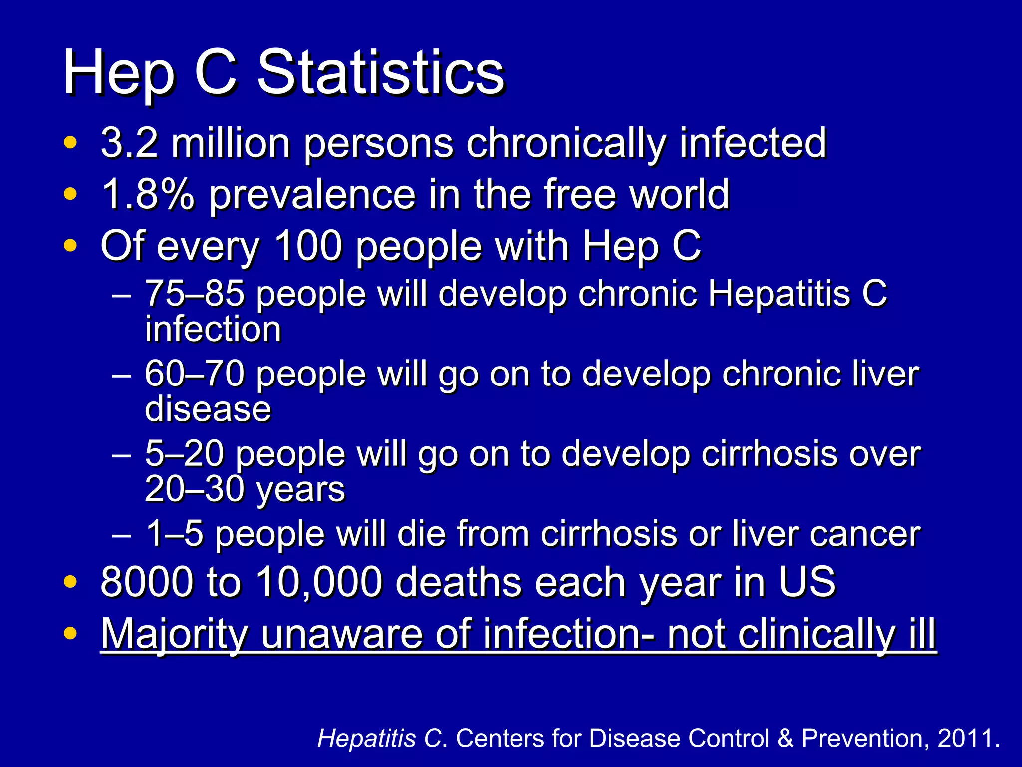 Hep C StatisticsHep C Statistics
• 3.2 million persons chronically infected3.2 million persons chronically infected
• 1.8% prevalence in the free world1.8% prevalence in the free world
• Of every 100 people with Hep COf every 100 people with Hep C
– 75–85 people will develop chronic Hepatitis C75–85 people will develop chronic Hepatitis C
infectioninfection
– 60–70 people will go on to develop chronic liver60–70 people will go on to develop chronic liver
diseasedisease
– 5–20 people will go on to develop cirrhosis over5–20 people will go on to develop cirrhosis over
20–30 years20–30 years
– 1–5 people will die from cirrhosis or liver cancer1–5 people will die from cirrhosis or liver cancer
• 8000 to 10,000 deaths each year in US8000 to 10,000 deaths each year in US
• Majority unaware of infection- not clinically illMajority unaware of infection- not clinically ill
Hepatitis C. Centers for Disease Control & Prevention, 2011.
 
