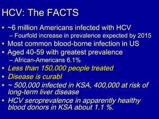 HCV: The FACTSHCV: The FACTS
• ~6 million Americans infected with HCV~6 million Americans infected with HCV
– Fourfold increase in prevalence expected by 2015Fourfold increase in prevalence expected by 2015
• Most common blood-borne infection in USMost common blood-borne infection in US
• Aged 40-59 with greatest prevalenceAged 40-59 with greatest prevalence
– African-Americans 6.1%African-Americans 6.1%
• Less than 150,000 people treatedLess than 150,000 people treated
• Disease is curablDisease is curabl
• ~ 500,000 infected in KSA, 400,000 at risk of~ 500,000 infected in KSA, 400,000 at risk of
long-term liver diseaselong-term liver disease
• HCV seroprevalence in apparently healthyHCV seroprevalence in apparently healthy
blood donors in KSA about 1.1 %.blood donors in KSA about 1.1 %.
 