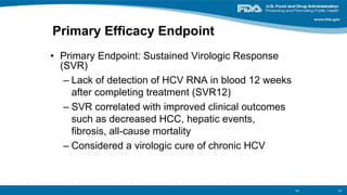 Primary Efficacy Endpoint
• Primary Endpoint: Sustained Virologic Response
(SVR)
– Lack of detection of HCV RNA in blood 12 weeks
after completing treatment (SVR12)
– SVR correlated with improved clinical outcomes
such as decreased HCC, hepatic events,
fibrosis, all-cause mortality
– Considered a virologic cure of chronic HCV
14 14
 