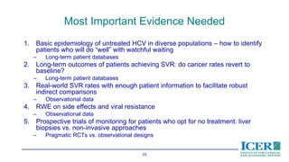 Most Important Evidence Needed
1. Basic epidemiology of untreated HCV in diverse populations – how to identify
patients who will do “well” with watchful waiting
– Long-term patient databases
2. Long-term outcomes of patients achieving SVR: do cancer rates revert to
baseline?
– Long-term patient databases
3. Real-world SVR rates with enough patient information to facilitate robust
indirect comparisons
– Observational data
4. RWE on side effects and viral resistance
– Observational data
5. Prospective trials of monitoring for patients who opt for no treatment: liver
biopsies vs. non-invasive approaches
– Pragmatic RCTs vs. observational designs
23
 