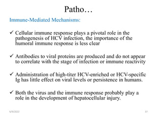 Patho…
Immune-Mediated Mechanisms:
 Cellular immune response plays a pivotal role in the
pathogenesis of HCV infection, the importance of the
humoral immune response is less clear
 Antibodies to viral proteins are produced and do not appear
to correlate with the stage of infection or immune reactivity
 Administration of high-titer HCV-enriched or HCV-specific
Ig has little effect on viral levels or persistence in humans.
 Both the virus and the immune response probably play a
role in the development of hepatocellular injury.
6/9/2022 37
 