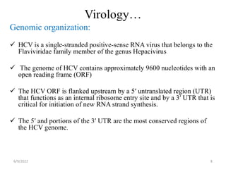 Virology…
Genomic organization:
 HCV is a single-stranded positive-sense RNA virus that belongs to the
Flaviviridae family member of the genus Hepacivirus
 The genome of HCV contains approximately 9600 nucleotides with an
open reading frame (ORF)
 The HCV ORF is flanked upstream by a 5′ untranslated region (UTR)
that functions as an internal ribosome entry site and by a 3′ UTR that is
critical for initiation of new RNA strand synthesis.
 The 5′ and portions of the 3′ UTR are the most conserved regions of
the HCV genome. 
6/9/2022 8
 