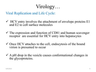 Virology…
Viral Replication and Life Cycle:
 HCV entry involves the attachment of envelope proteins E1
and E2 to cell surface molecules
 The expression and function of CD81 and human scavenger
receptor are essential for HCV entry into hepatocytes
 Once HCV attaches to the cell, endocytosis of the bound
virion is presumed to occur
 A pH drop in the vesicle causes conformational changes in
the glycoproteins.
6/9/2022 9
 