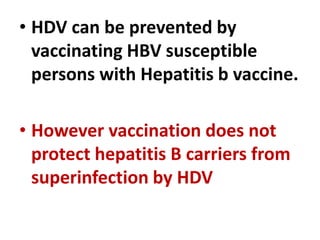 • HDV can be prevented by
vaccinating HBV susceptible
persons with Hepatitis b vaccine.
• However vaccination does not
protect hepatitis B carriers from
superinfection by HDV
 