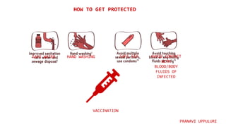 HOW TO GET PROTECTED
HAND WASHING
SAFE WATER SAFE SEX AVOID CONTACT
WITH
BLOOD/BODY
FLUIDS OF
INFECTED
VACCINATION
PRANAVI UPPULURI
 