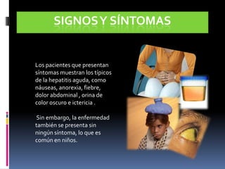 Signos y síntomas Los pacientes que presentan síntomas muestran los típicos de la hepatitis aguda, como náuseas, anorexia, fiebre, dolor abdominal , orina de color oscuro e ictericia . Sin embargo, la enfermedad también se presenta sin ningún síntoma, lo que es común en niños.