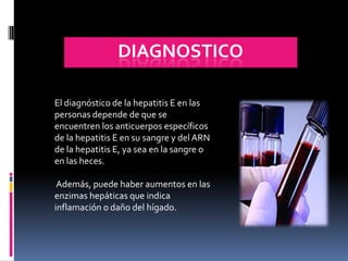 diagnosticoEl diagnóstico de la hepatitis E en las personas depende de que se encuentren los anticuerpos específicos de la hepatitis E en su sangre y del ARN de la hepatitis E, ya sea en la sangre o en las heces. Además, puede haber aumentos en las enzimas hepáticas que indica inflamación o daño del hígado. 