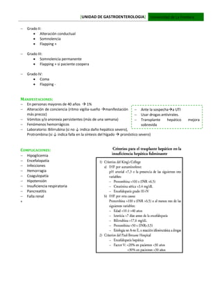 [UNIDAD DE GASTROENTEROLOGIA] Universidad de La Frontera
 Grado II:
 Alteración conductual
 Somnolencia
 Flapping +
 Grado III:
 Somnolencia permanente
 Flapping + si paciente coopera
 Grado IV:
 Coma
 Flapping -
MANIFESTACIONES:
 En personas mayores de 40 años  1%
 Alteración de conciencia (ritmo vigilia-sueño manifestación
más precoz)
 Vómitos y/o anorexia persistentes (más de una semana)
 Fenómenos hemorrágicos
 Laboratorio: Bilirrubina (si no ↓ indica daño hepático severo),
Protrombina (si ↓ indica falla en la síntesis del hígado  pronóstico severo)
COMPLICACIONES:
 Hipoglicemia
 Encefalopatía
 Infecciones
 Hemorragia
 Coagulopatía
 Hipotensión
 Insuficiencia respiratoria
 Pancreatitis
 Falla renal

 Ante la sospechaa UTI
 Usar drogas antivirales.
 Transplante hepático mejora
sobrevida
 