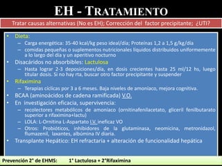EH - TRATAMIENTO
• Dieta:
– Carga energética: 35-40 kcal/kg peso ideal/día; Proteínas 1,2 a 1,5 g/kg/día
– comidas pequeñas o suplementos nutricionales líquidos distribuidos uniformemente
a lo largo del día y un aperitivo nocturno
• Disacáridos no absorbibles: Lactulosa
– Hasta lograr 2-3 deposiciones/día, en dosis crecientes hasta 25 ml/12 hs, luego
titular dosis. Si no hay rta, buscar otro factor precipitante y suspender
• Rifaximina
– Terapias cíclicas por 3 a 6 meses. Baja niveles de amoníaco, mejora cognitiva.
• BCAA (aminoácidos de cadena ramificada) V.O.
• En investigación eficacia, supervivencia:
– recolectores metabólicos de amoníaco (ornitinafenilacetato, gliceril fenilbutarato
superior a rifaximina+lactu)
– LOLA: L-Ornitina L-Aspartato I.V. ineficaz VO
– Otros: Probióticos, inhibidores de la glutaminasa, neomicina, metronidazol,
flumazenil, laxantes, albúmina IV diaria.
• Transplante Hepático: EH refractaria + alteración de funcionalidad hepática
Prevención 2° de EHMS: 1° Lactulosa + 2°Rifaximina
Tratar causas alternativas (No es EH); Corrección del factor precipitante; ¿UTI?
 