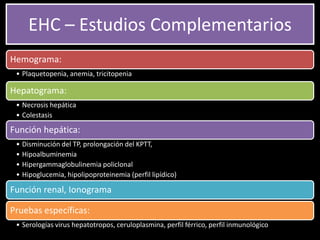 Hemograma:
• Plaquetopenia, anemia, tricitopenia
Hepatograma:
• Necrosis hepática
• Colestasis
Función hepática:
• Disminución del TP, prolongación del KPTT,
• Hipoalbuminemia
• Hipergammaglobulinemia policlonal
• Hipoglucemia, hipolipoproteinemia (perfil lipídico)
Función renal, Ionograma
Pruebas específicas:
• Serologías virus hepatotropos, ceruloplasmina, perfil férrico, perfil inmunológico
EHC – Estudios Complementarios
 