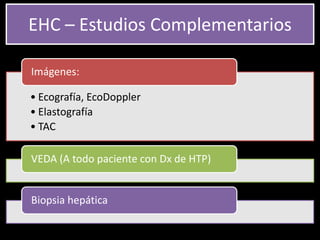 • Ecografía, EcoDoppler
• Elastografía
• TAC
Imágenes:
VEDA (A todo paciente con Dx de HTP)
Biopsia hepática
EHC – Estudios Complementarios
 