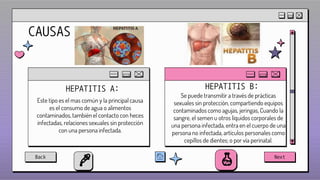 CAUSAS
HEPATITIS A:
Este tipo es el mas común y la principal causa
es el consumo de agua o alimentos
contaminados, también el contacto con heces
infectadas, relaciones sexuales sin protección
con una persona infectada.
HEPATITIS B:
Se puede transmitir a través de prácticas
sexuales sin protección, compartiendo equipos
contaminados como agujas, jeringas, Cuando la
sangre, el semen u otros líquidos corporales de
una persona infectada, entra en el cuerpo de una
persona no infectada, artículos personales como
cepillos de dientes; o por vía perinatal.
Back Next
 