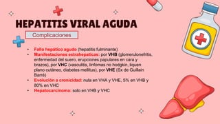 HEPATITIS VIRAL AGUDA
Complicaciones
• Fallo hepático agudo (hepatitis fulminante)
• Manifestaciones extrahepaticas: por V...