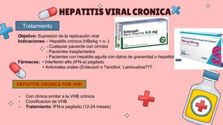Tratamiento
Objetivo: Supresión de la replicación viral
Indicaciones: - Hepatitis crónica (HBeAg + o -)
- Cualquier pacien...