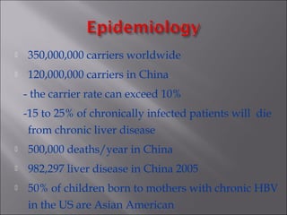  350,000,000 carriers worldwide
 120,000,000 carriers in China
- the carrier rate can exceed 10%
-15 to 25% of chronically infected patients will die
from chronic liver disease
 500,000 deaths/year in China
 982,297 liver disease in China 2005
 50% of children born to mothers with chronic HBV
in the US are Asian American
 