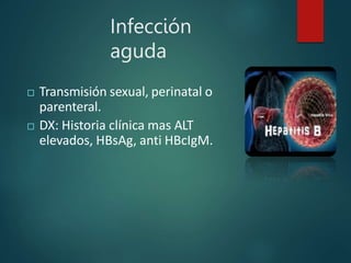 Infección
aguda
 Transmisión sexual, perinatal o
parenteral.
 DX: Historia clínica mas ALT
elevados, HBsAg, anti HBcIgM.
 