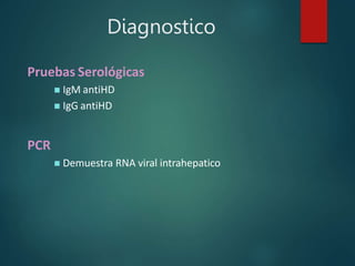Diagnostico
Pruebas Serológicas
 IgM antiHD
 IgG antiHD
PCR
 Demuestra RNA viral intrahepatico
 