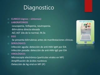 Diagnostico
 CLINICO (signos – síntomas)
 LABORATORIOS
-Leucopenia, linfopenia, neutropenia.
-Bilirrubina directa elevada
-ALT, AST 10x de lo normal, FA 3x
 EGO
-Se presenta bilirrubinas antes de manifestaciones clínicas.
 SEROLÓGICO:
-Infección aguda: detección de anti-HAV-IgM por EIA
-Infección pasada: detección de anti-HAV-IgG por EIA
 VIROLÓGICO:
-Microscopía electrónica (partículas virales en MF)
-Amplificación de ácidos nucleicos
-Detección de Ag viral en MF (IF)
 