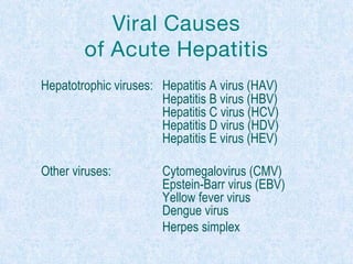 Viral Causes
of Acute Hepatitis
Hepatotrophic viruses: Hepatitis A virus (HAV)
Hepatitis B virus (HBV)
Hepatitis C virus (HCV)
Hepatitis D virus (HDV)
Hepatitis E virus (HEV)
Other viruses: Cytomegalovirus (CMV)
Epstein-Barr virus (EBV)
Yellow fever virus
Dengue virus
Herpes simplex
 