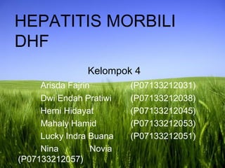 Page 1
HEPATITIS MORBILI
DHF
Kelompok 4
Arisda Fajrin (P07133212031)
Dwi Endah Pratiwi (P07133212038)
Herni Hidayat (P07133212045)
Mahaly Hamid (P07133212053)
Lucky Indra Buana (P07133212051)
Nina Novia
(P07133212057)
 