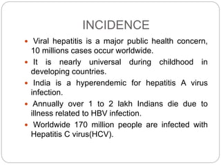 INCIDENCE
 Viral hepatitis is a major public health concern,
10 millions cases occur worldwide.
 It is nearly universal during childhood in
developing countries.
 India is a hyperendemic for hepatitis A virus
infection.
 Annually over 1 to 2 lakh Indians die due to
illness related to HBV infection.
 Worldwide 170 million people are infected with
Hepatitis C virus(HCV).
 