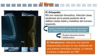 27 Mayo:
IC Ortopedia:
RX con reacción femostica, infección ósea,
esclerosis de la pared posterior de la
diáfisis media distal y metafisis del humero
izquierdo.
puede corresponder a una crisis vasooclusiva
con infección osea 2ria infxn por Salmonella.
Sugiere descartar anemia
drepanocitica.
IC hematoonco: descarta una anemia
drepanocitica porque no hay evidencia de
una anemia hemolítica crónica, ni criterios
ni clínica ni alteración en FSP.
 
