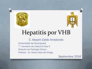 Hepatitis por VHB
C. Iskyam Zaldo Arredondo
Universidad de Guanajuato
7° semestre de medicina Fase II
Rotación de Patología Clínica
Profesor - Dr. Hector Marrufo Ortega
Septiembre 2016
 